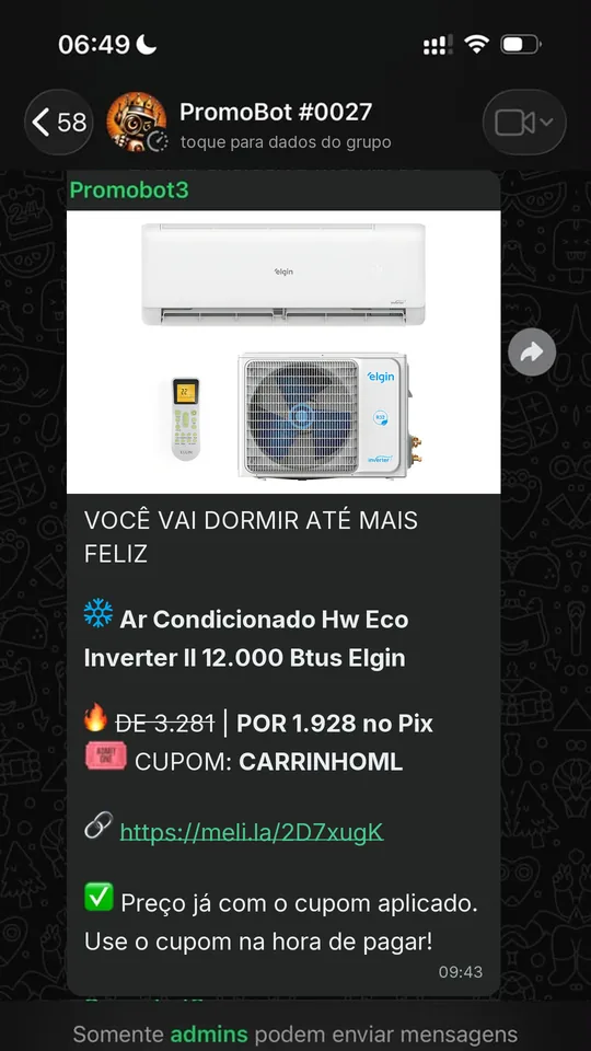 Oferta compartilhada no grupo do PromoBot no WhatsApp