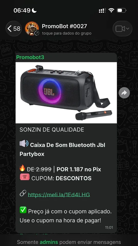 Oferta compartilhada no grupo do PromoBot no WhatsApp