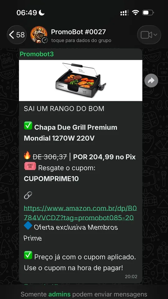 Oferta compartilhada no grupo do PromoBot no WhatsApp