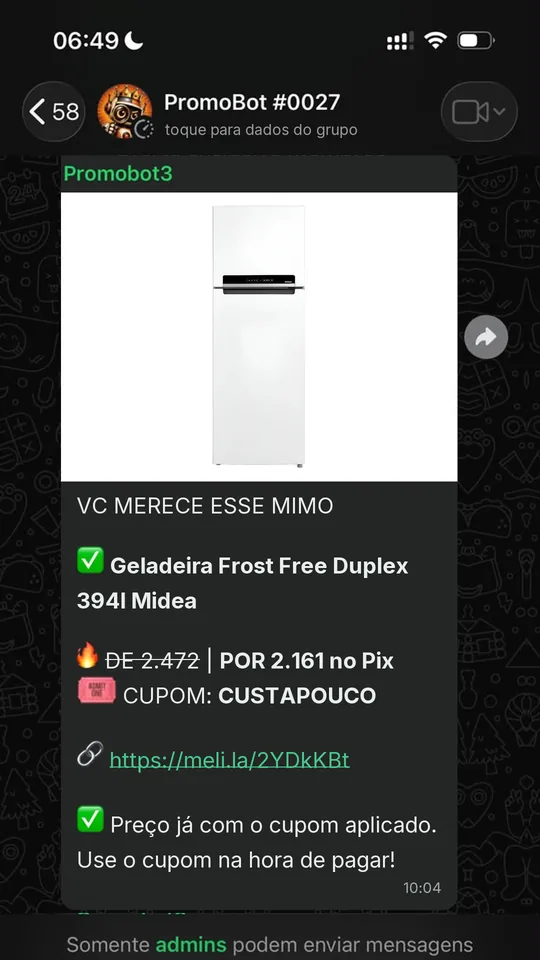 Oferta compartilhada no grupo do PromoBot no WhatsApp
