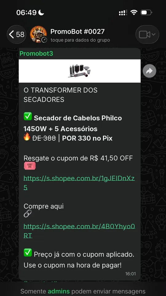 Oferta compartilhada no grupo do PromoBot no WhatsApp