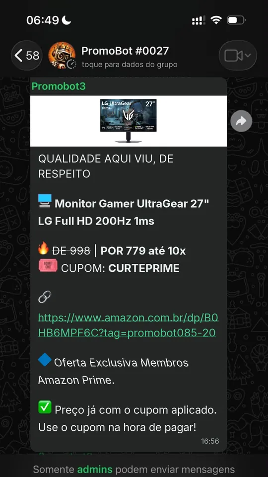 Oferta compartilhada no grupo do PromoBot no WhatsApp
