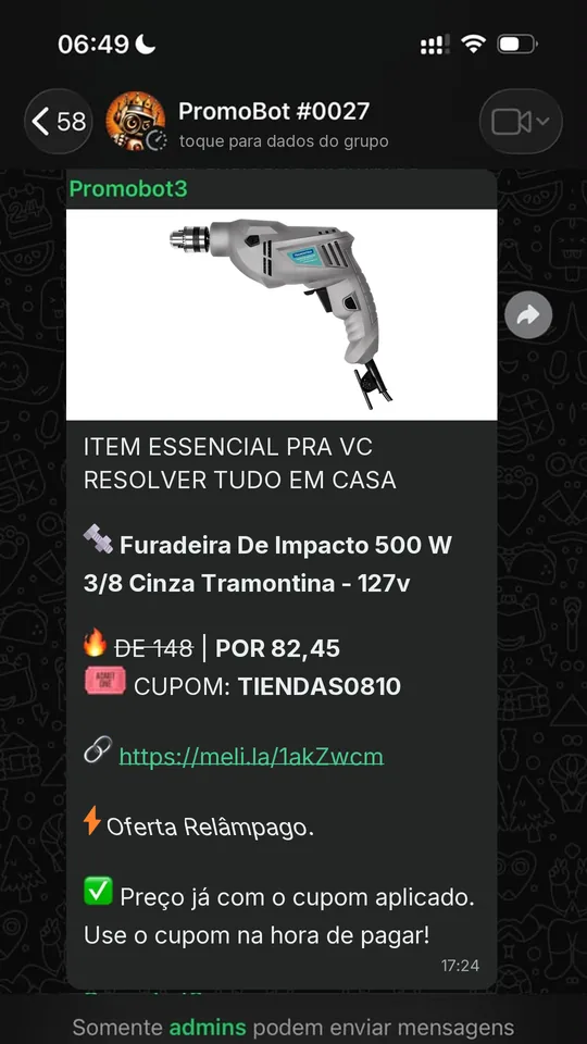 Oferta compartilhada no grupo do PromoBot no WhatsApp