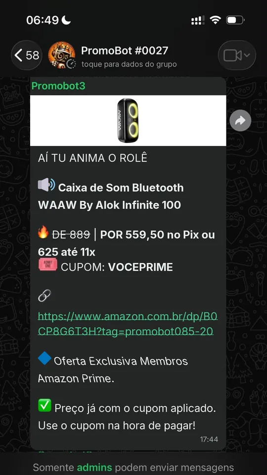 Oferta compartilhada no grupo do PromoBot no WhatsApp